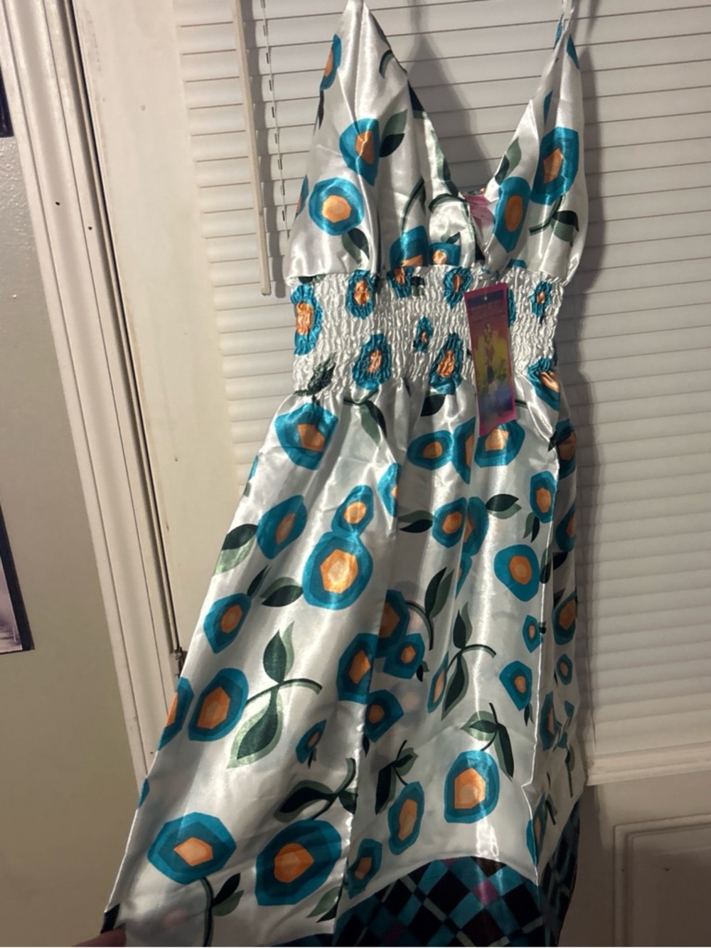 Satin Floral Print V-Neck Dress in Teal & Orange